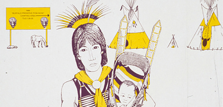 A poster with text and a black and white drawing of a Native American man wearing a yellow scarf holding a baby, in the background are a yellow sign and two yellow teepees.