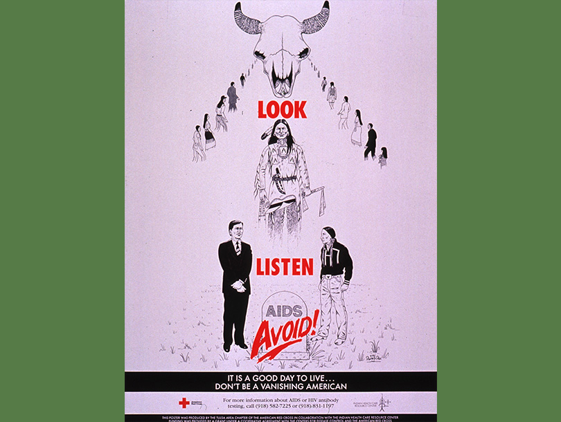 A poster with text and a black and white drawing of two American Indian men flanking a gravestone with the word AIDS on it. Above them is a buffalo skull with two lines of people walking towards it