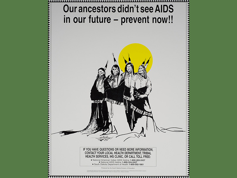 A poster with text and a Black and white drawing of four American Indian men wearing robes looking at the viewer, with a yellow sun behind them