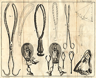 An illustration of eight different obstetrical forceps, inlcuding two illustrations of a fetus inside a womb and proper use of forceps.