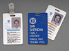 Two name badge with text and a photograph headshot of a White man.