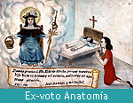 Una deidad con un halo sobre su cabeza flota por encima de la escena de un niño acostado herido en una cama con su madre de rodillas en oración. Ex-voto Anatomía está escrito en letras blancas sobre un fondo de color aguamarina.