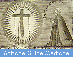 Un uomo che indossava abiti sacerdotali si trova vicino a una croce a figura intera circondato da un fascio di luce bianca. Sotto l'immagine Antiche Guide Mediche è scritto in caratteri bianchi su sfondo blu.