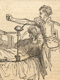 Funnel-like instrument connects left arm of woman lying in bed to right arm of man standing nearby.