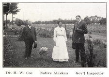 Standing in a yard from left to right is Dr. H. W. Coe, a Native Alaskan woman and a man government inspector. The Insane of Alaska: For Sixteen Years Administered Under the Department of the Interior at Morningside Hospital, Portland, Oregon. Page 10 of the 1920 catalog of the facility.