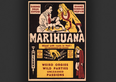 Advertisement with an illustration of a man injecting a woman with a chemical and the pitfalls of drug usage.