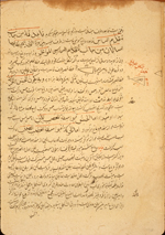 Folio 45b from  Muḥammad Arzānī's Mufarriḥ al-qulūb (The Rejoicing of the Heart) featuring ventricles or cells of the brain drawn in the middle of the text. The text is written in a medium-small to medium-large nasta‘liq script. The text area has been frame-ruled. Black ink with headings in red and red overlinings. The paper is yellow-brown and brittle; only very wavy and broad horizontal laid lines are visible. The paper is very wormeaten and waterstained, especially at the top.