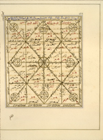 Volume 7 folio 132b of Kitāb al-Burhān fī asrār ‘ilm al-mīzān (Proof Regarding the Secrets of the Science of the Balance) by al-Jaldakī featuring an elaborately decorated diagram in gold, black, red, green, and blue ink. The paper is ivory and lightly glossed. The diagram is drawn within frames of blue, black, and gold fillets. These frames are then set within larger frames formed of two fine black lines with gold between.