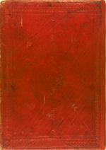 The front cover of MS A 82, which is made of red leather over pasteboards. It has a blind-stamped central medallion, scalloped and with internal vegetal design. Blind quadrant lines and diagonals, decorated with S-stamps radiate from the central design. The wide frame is formed of blind fillets on either side of blind-tooled S-stamps.