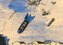 Poster with a main image of mosquitoes and bombs falling from the sky onto a town, text below