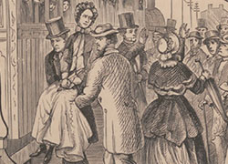 Illustration of Elizabeth Packard being taken to a mental institution against her will, carried by two men onto an awaiting train with many male and female onlookers