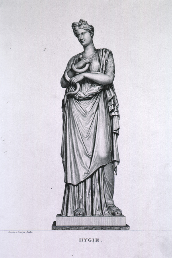 Engraving of a Greek statue of Hygieia standing in robes and holding a snake that is entwined around her left arm