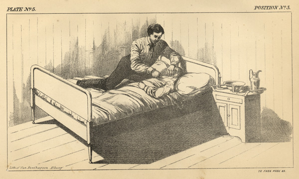 A lithograph of plate number 5, position number 3 of a murder case. A man is kneeling on the left side of a bed with knife in his right hand while placing hand over the mouth of a woman lying in bed and slitting her neck from the left side.