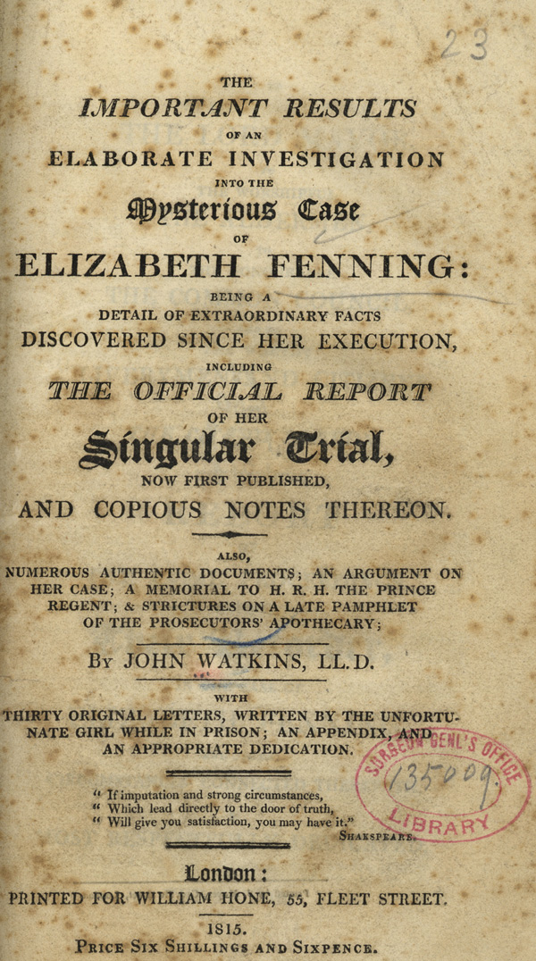 Pamphlet cover with a summary of the trial, print and publishing information, and a library stamp from the Surgeon General’s Office Library.