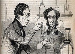 An engraved illustration of Drs. Taylor and Reese performing their forensic testing analysis in a laboratory with test tubes around them.