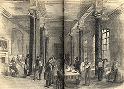 Pages 128-129 of a book, featuring an illustration of the juror's sleeping apartment in the London coffee-house. The jurors are scattered around the room in various stages of preparing for the day.