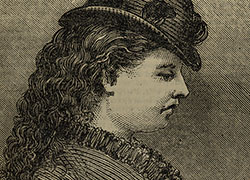 An engraving of the head and shoulders, left profile of Miss Alice Rhodes wearing a hat.