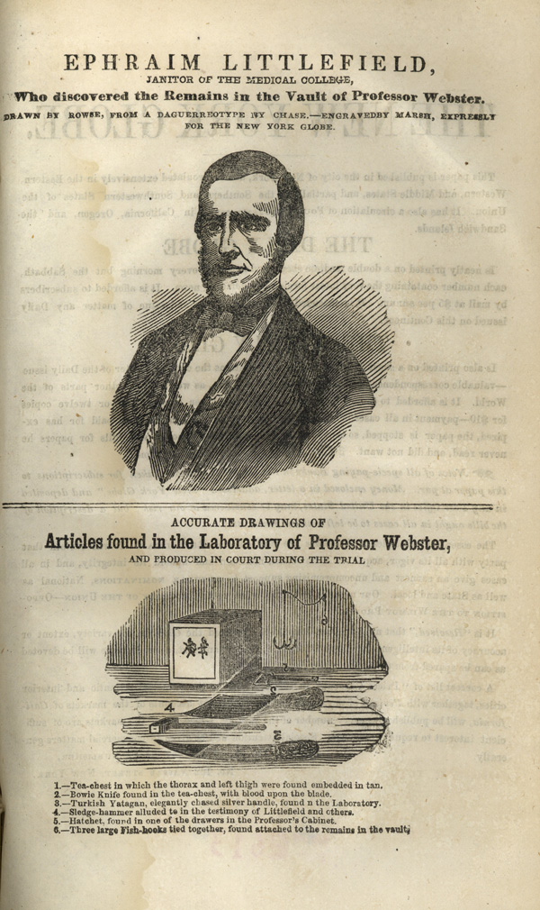 Head and shoulders engraving of Ephraim Littlefield, and below, an “accurate drawing” of the articles found in the laboratory.