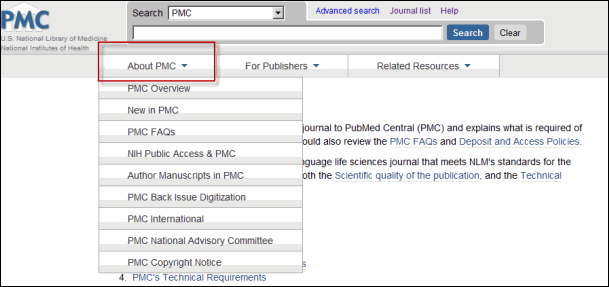 Screen capture of About PMC Drop-Down Menu.