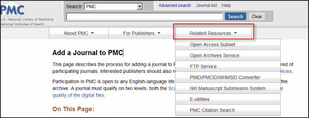 Screen capture of Related Resources Drop-Down Menu.