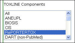 Screen capture of RePORTERTOX subset selection.