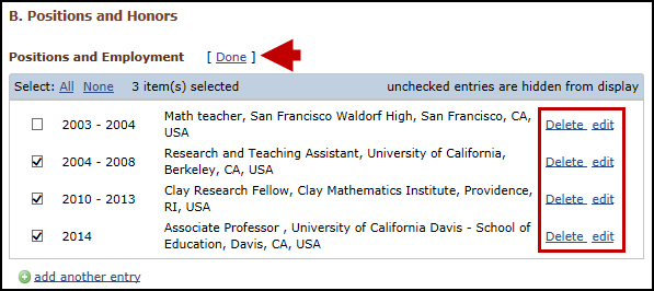 screen shot of Delete/edit or hide/display entries in Positions and Honors.