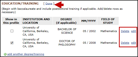 screen shot of Delete/edit or hide/display education or training