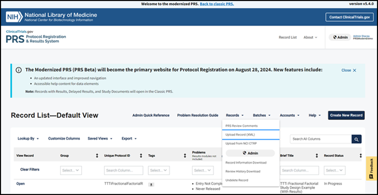 Screenshot of Modernized Protocol Registration System website with Records drop-down menu open, highlighting the Upload Record menu option.