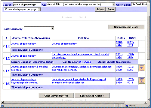 Screen capture of results screen for Journal Title search of Journal of Gerontology displays Journal Title/Title Abbreviation and Full Title.