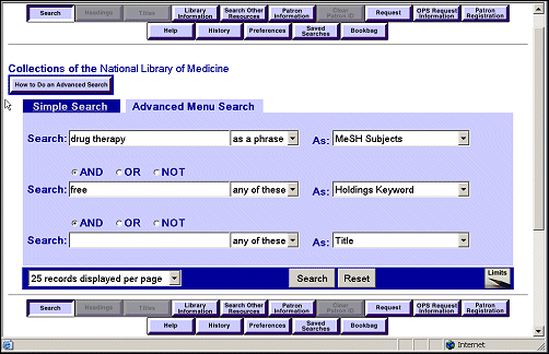 Screen capture of holdings Keyword search on the MeSH term Drug Therapy for resources that are free on the Web.