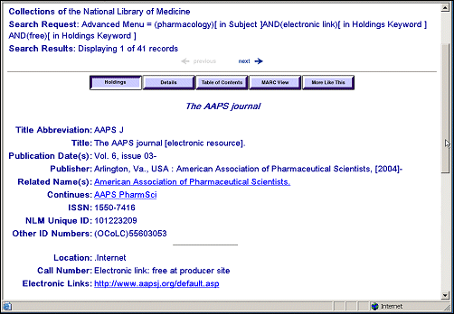 Screen capture of holdings display of a record retrieved from the search in Figure 5 showing the occurrence of the Holdings Keyword free in the Call Number field.
