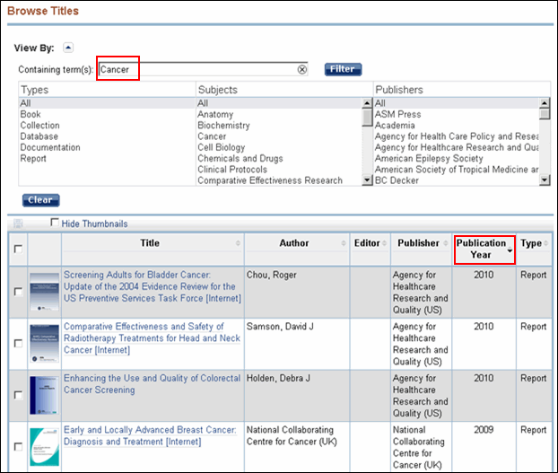 Screen capture of The Bookshelf Browse Titles page.  The term Cancer has been entered in the Filter box, and the results have been sorted by Publication Year.