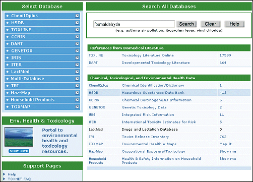 Screen capture TOXNET results screen.