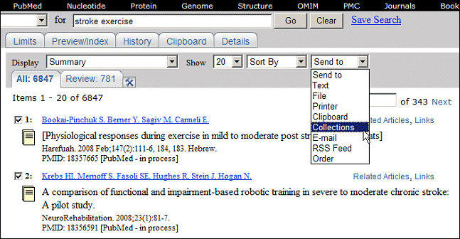 Screen capture of PubMed Send to Menu with Collections Selection Highlighted.