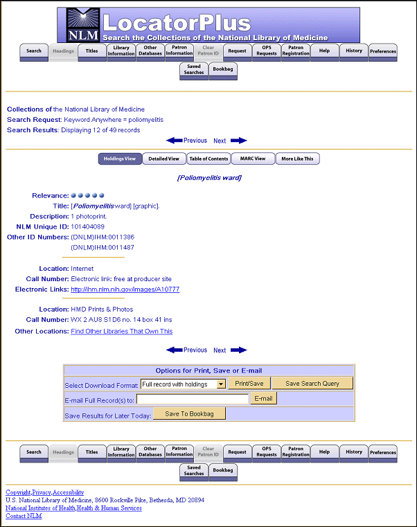 Screen capture of sample IHM LocatorPlus record, holdings view.