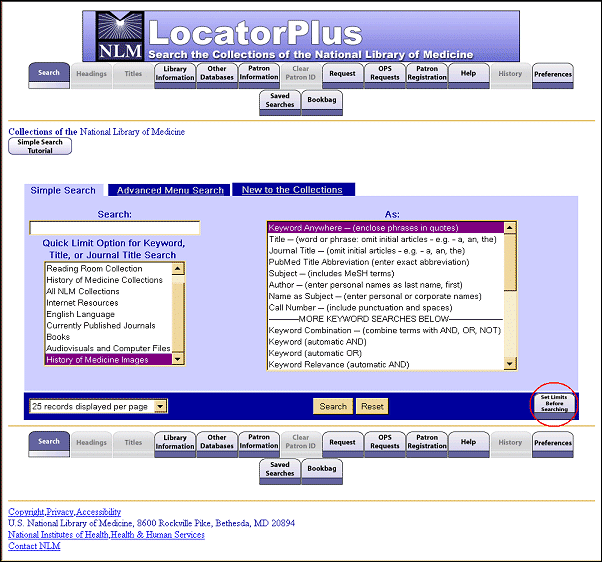 Screen capture of Quick Limit option History of Medicine Images selected.