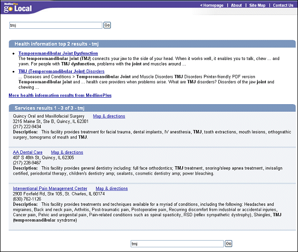 Screen capture of MedlinePlus Go Local search results for tmj.