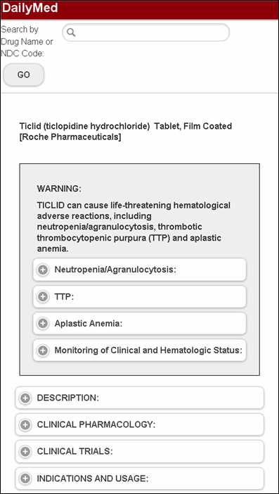 Screen capture of Structured product labels are organized by section, which can be expanded and contracted within the same viewing pane for easy reference (partial display).