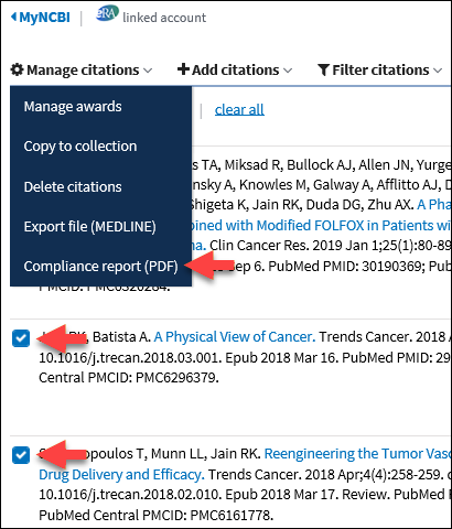 Under Manage Citations click Compliance Report (PDF) to generate one