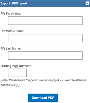 PDF report pop-up has blanks for PI name and starting page number