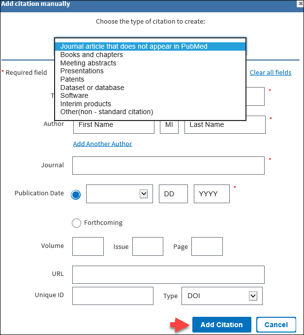 Choose the type of citation to create