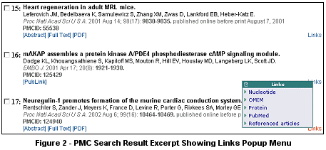 PMC Search Result Excerpt Showing Links Popup Menu