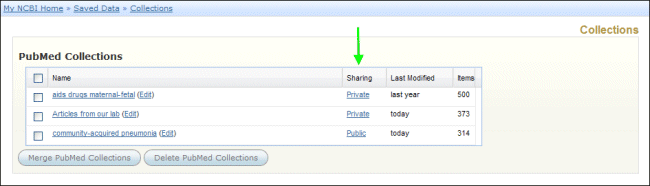 Screen capture of PubMed Collections.