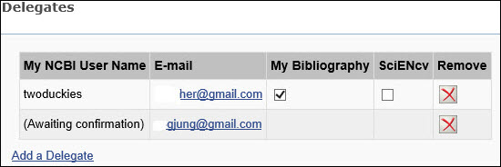 Screen capture of My NCBI Account Settings page Delegates section.