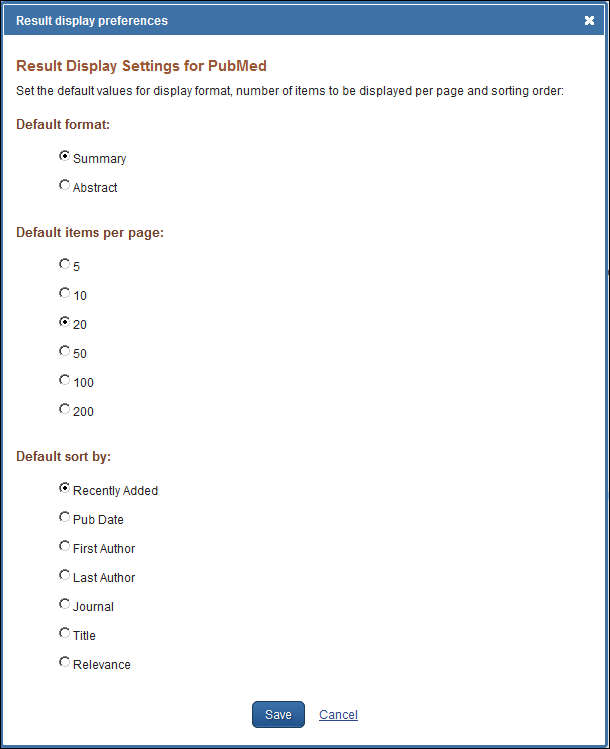 screen shot of My NCBI PubMed Preference “Result display settings”