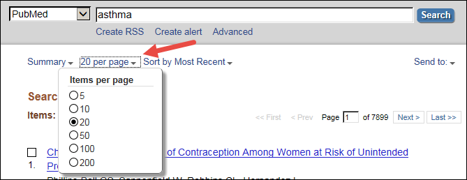 screen shot of The “items per page” selection from the top of the results page.