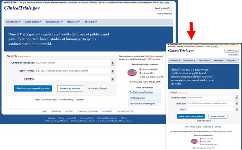 New responsive design of the ClinicalTrials.gov homepage