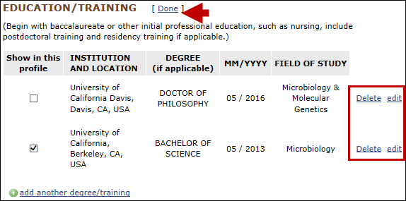 Delete/edit or hide/display education or training