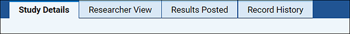 ClinicalTrials.gov study records tabs, which include two formats for registration information, Study Details and Researcher View