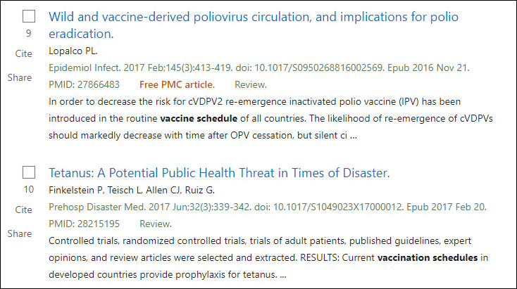 screenshot of two PubMed search results: 1. Wild and vaccine-derived poliovirus circulation, and implications for polio eradication 2. Tetanus: A Potential Public Health Threat in Times of Disaster